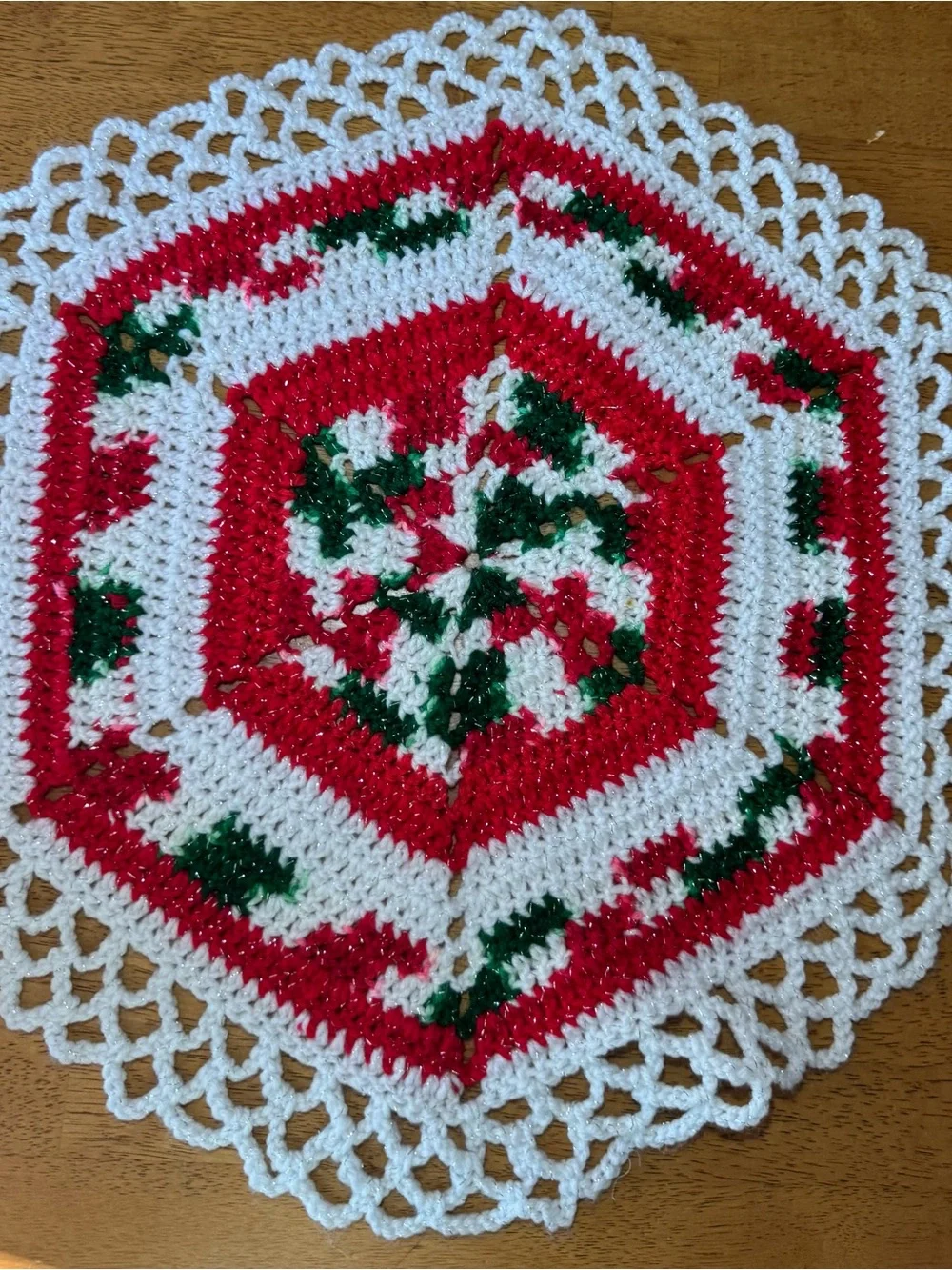 Hand-Crocheted Holiday Doily — Red, White & Green